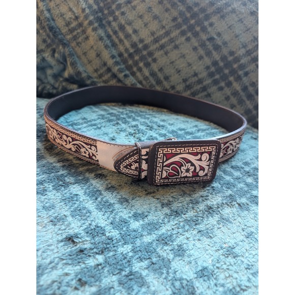 HG Cinturones Other - HG Cinturones Mens Brown Leather Western Belt Floral Cutout Red White Mexico 40